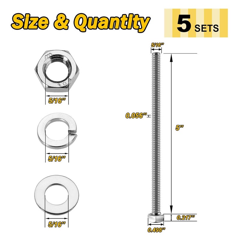 MYWISH 5 Sets 5/16-18x5 Hex Head Nuts and Bolts with Flat & Lock Washers, 304 Stainless Steel 18-8, Metric Bolt Assortment Fully Threaded Screws and Nuts, 20 Pieces - Image 2